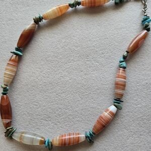 Vintage Striped Carnelian Agate Beaded Necklace with Turquoise Accents 24"